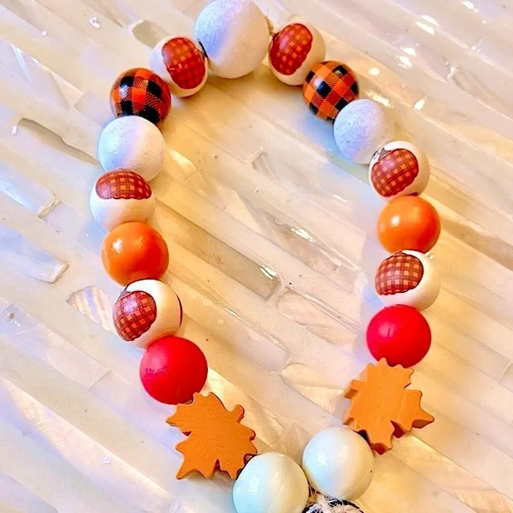 NEW Wood Bead Garland with Plaid Tassels